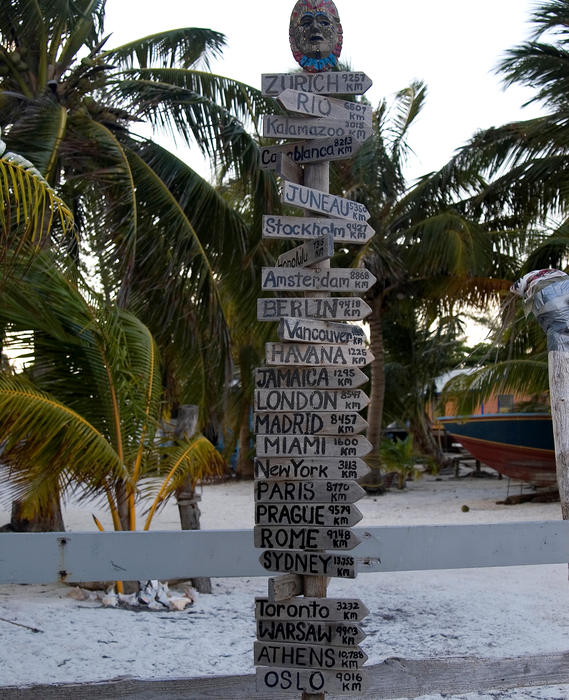 A wooden sign showing distances from Belize to cities around the world